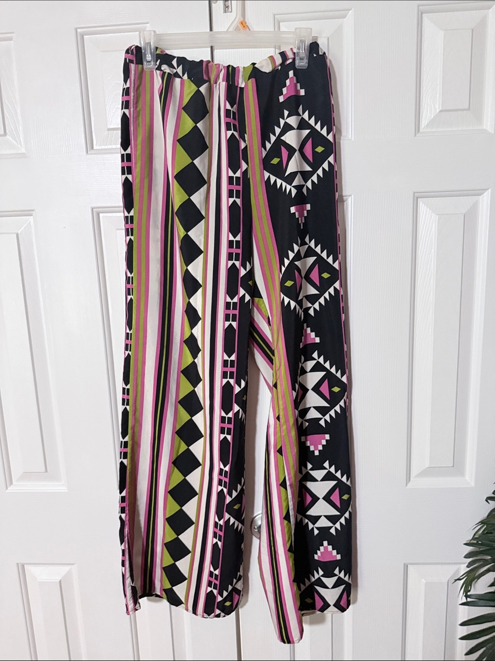 Elastic-Waist Geometric Pants in Black, Pink & Green